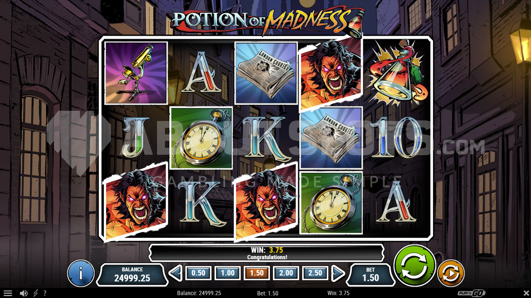 Base game view with a 5x3 grid, featuring comic book style symbols against a night city backdrop.
