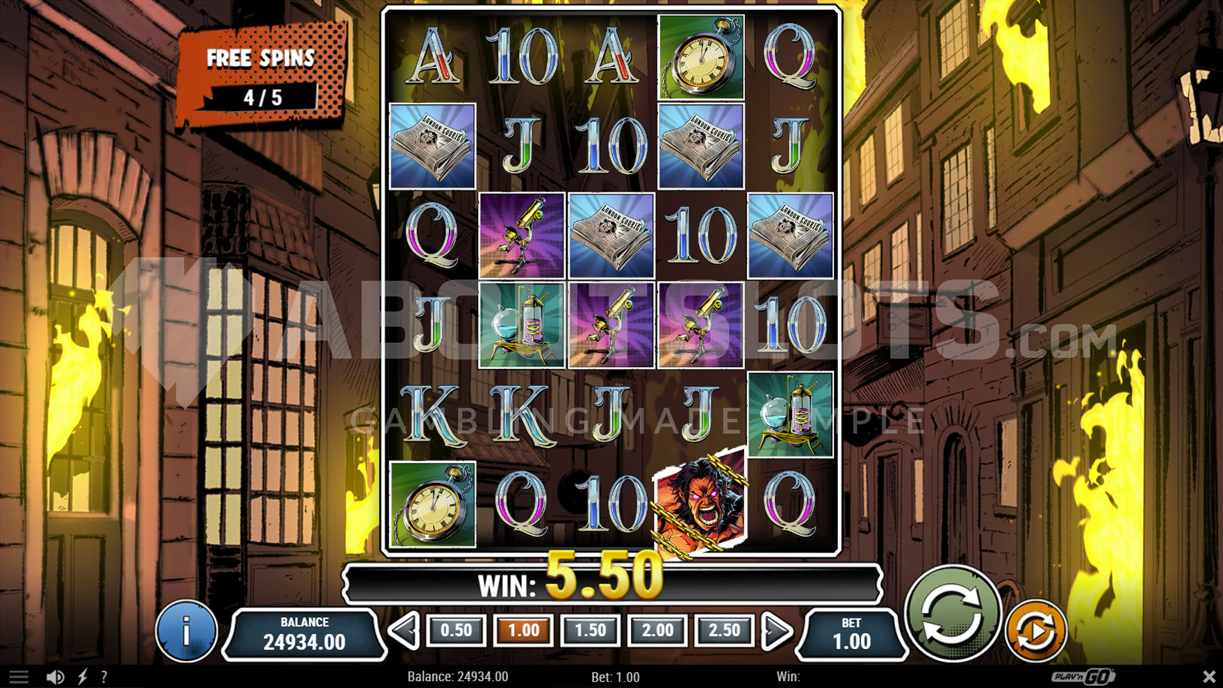 The Free Spins bonus round in progress, showing an expanded 5x6 grid and a burning city in the background.