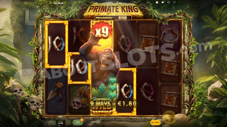 Primate Wild feature activated with a fully expanded 9X wild on the third reel.