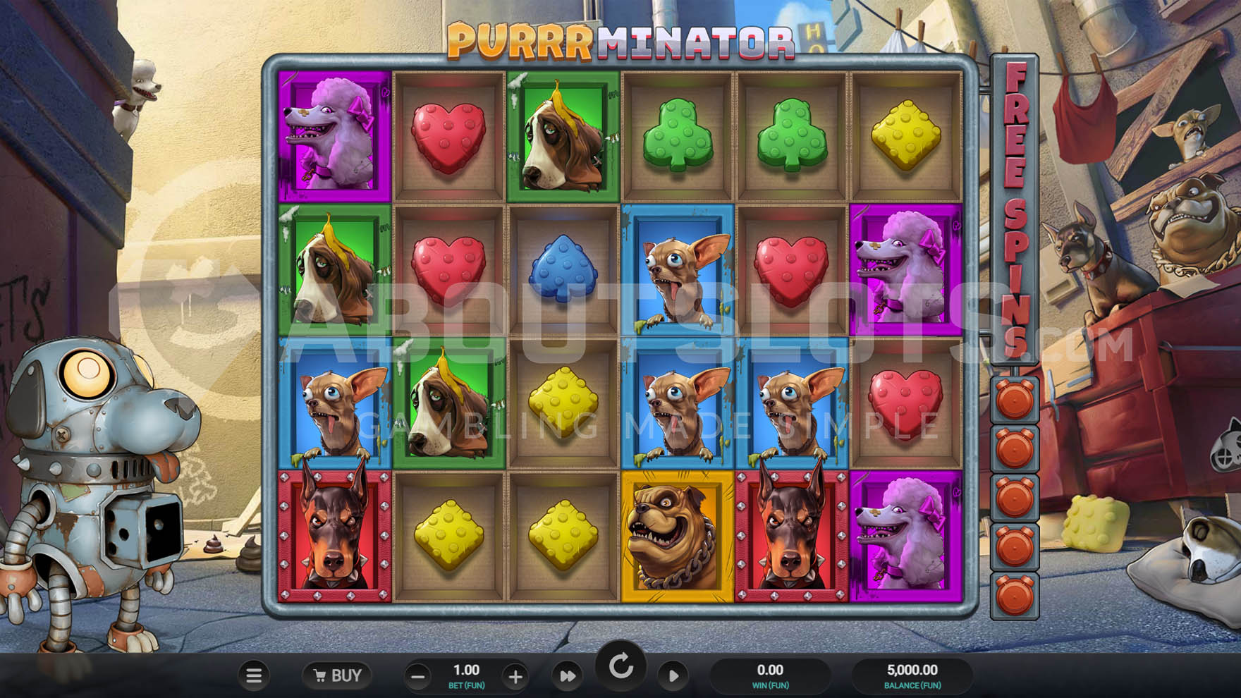 Base game view showing a 6x4 grid with various regular symbols.