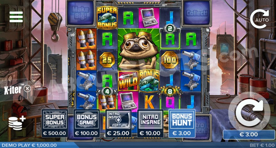 Menu with five features, costing from 3X to 500X the bet.