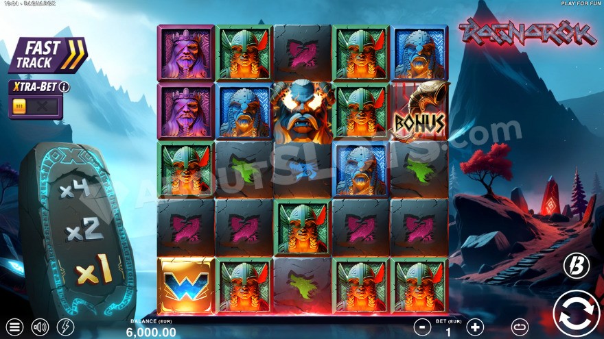 Base game with win multiplier on the left of the reels.