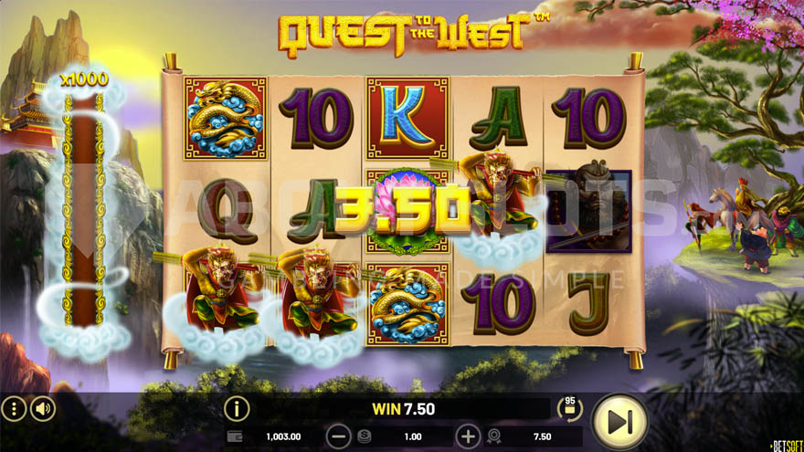 Activated 'Quest to the West' feature with 3 Moving Wild symbols on reels 1, 2, and 4.