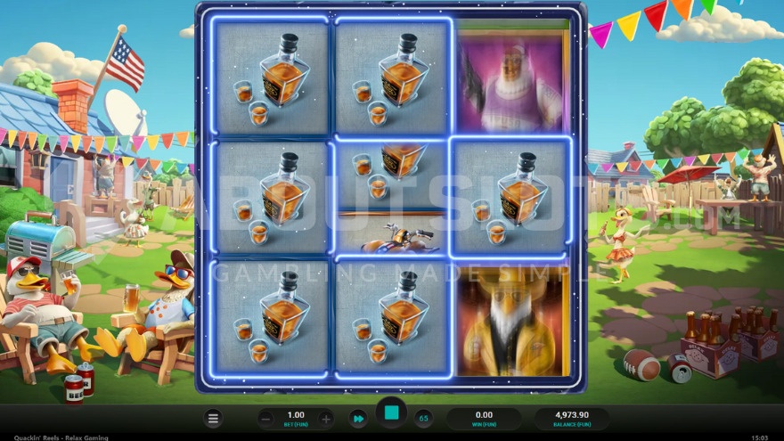 Stacked Respins feature in Quackin' Reels, showing whiskey symbols.
