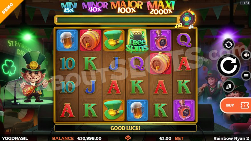 Slot machine with a stage and a leprechaun on the left.