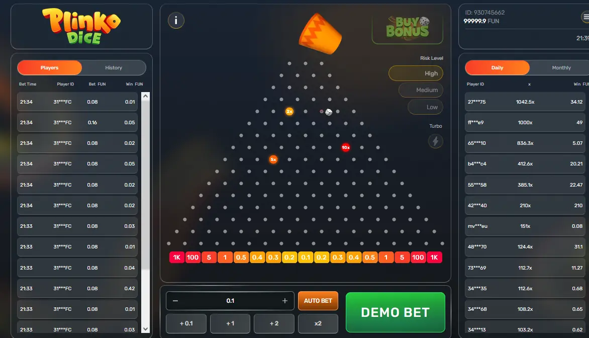 Gameplay de Plinko Dice sur Stake