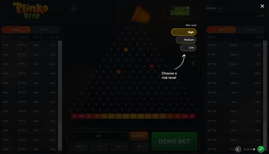 Risk Level at Plinko Dice
