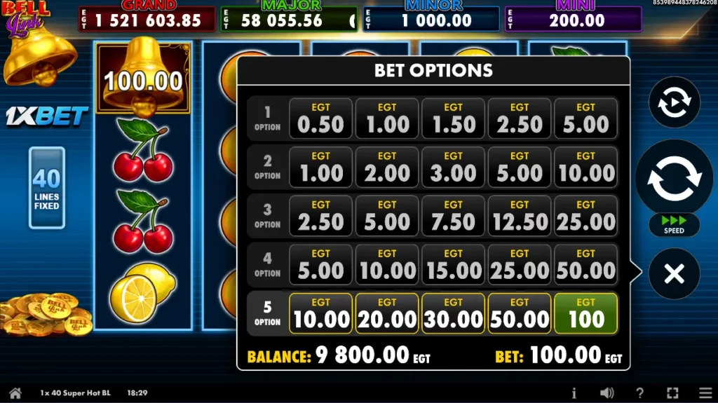 1x 40 Super Hot Bell Link Bet Options