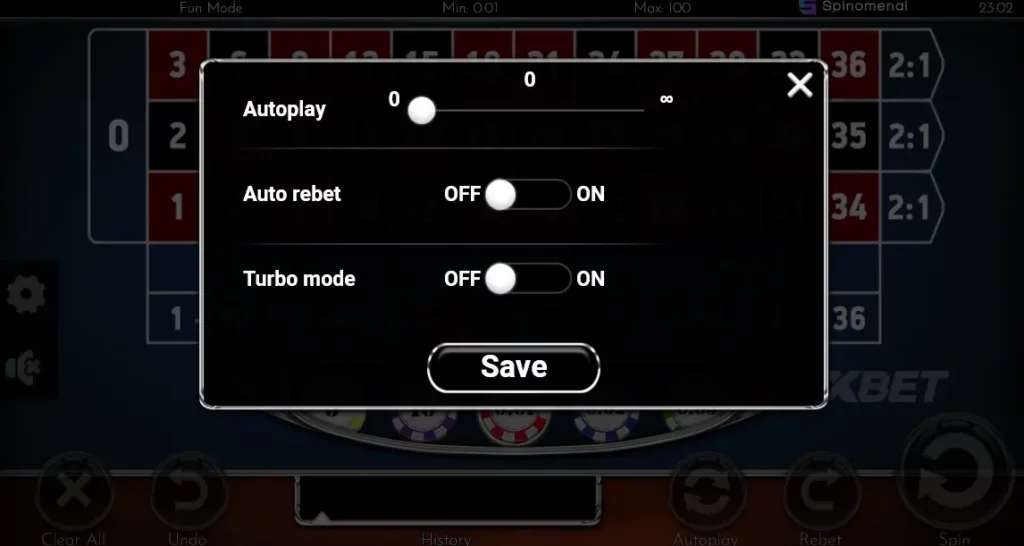 1xEuropean Roulette Settings