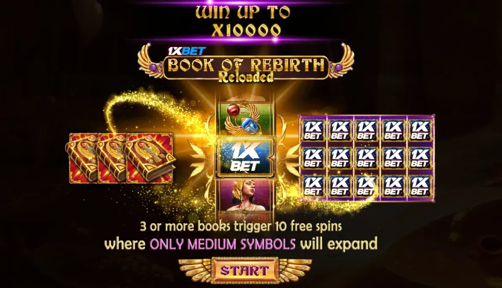 Book of Rebirth Reloaded 1xbet Start Screen