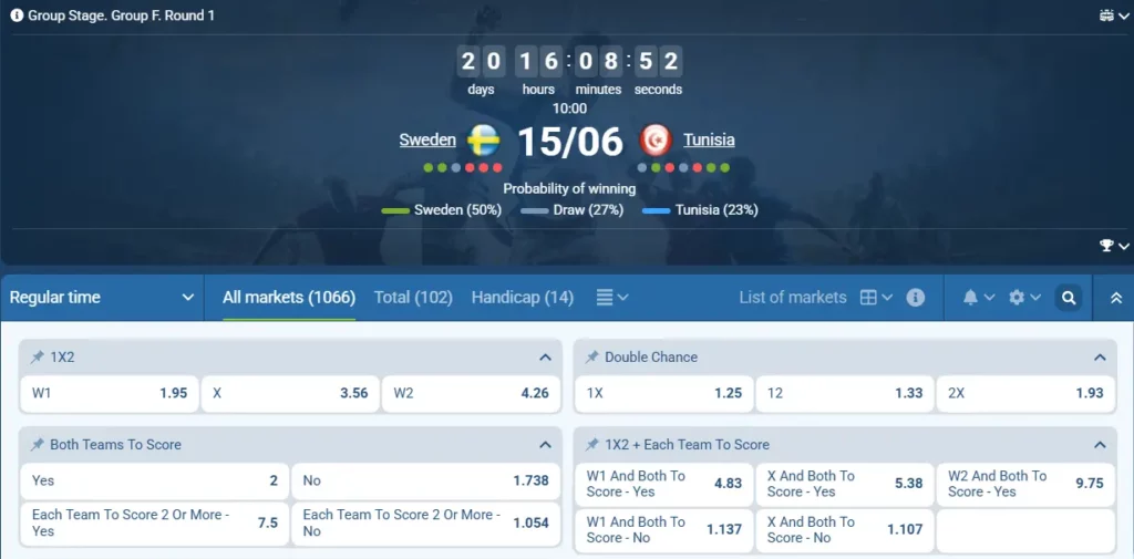 Sweden - Tunusia at 1xBet