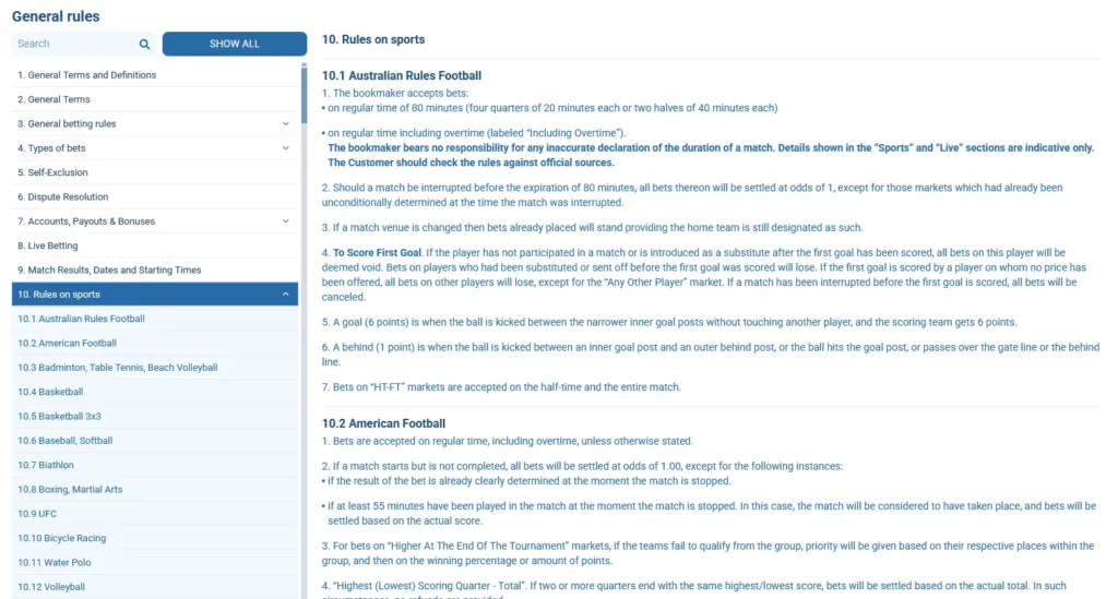 1xBet Rules on sports