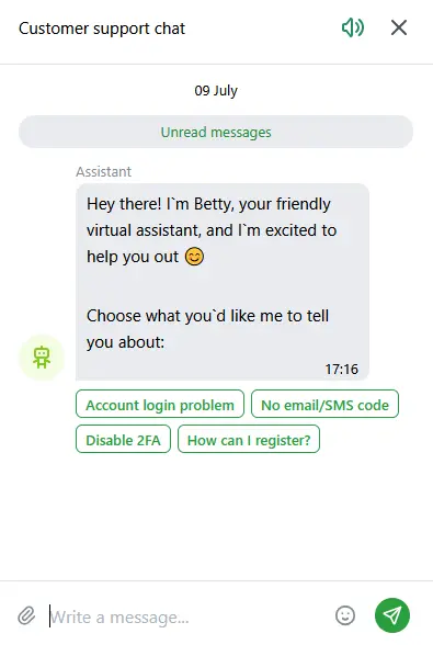 Customer support chat 1xBet