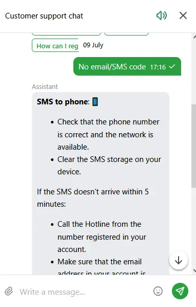 No email SMS code Issue at 1xBet