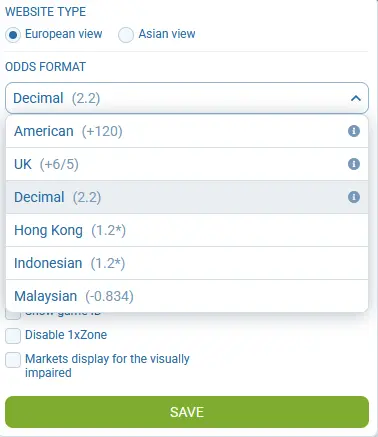 Odds Settings at 1xBet